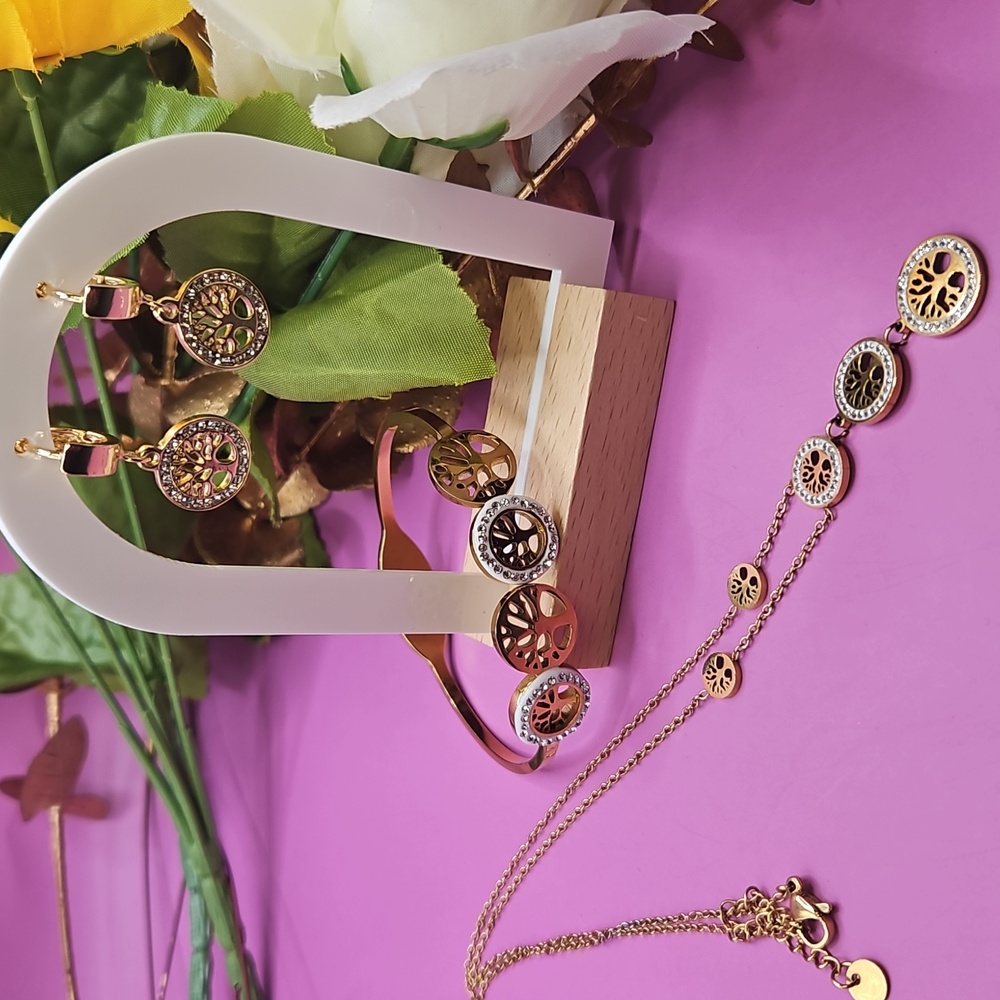 3 Piece Tree Of Life Jewelry Set - Necklace Earrings Bracelet - Gold White Trim